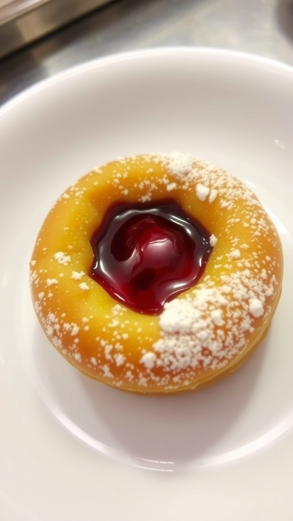 A delicious microwave jelly donut topped with powdered sugar and filled with jelly.
