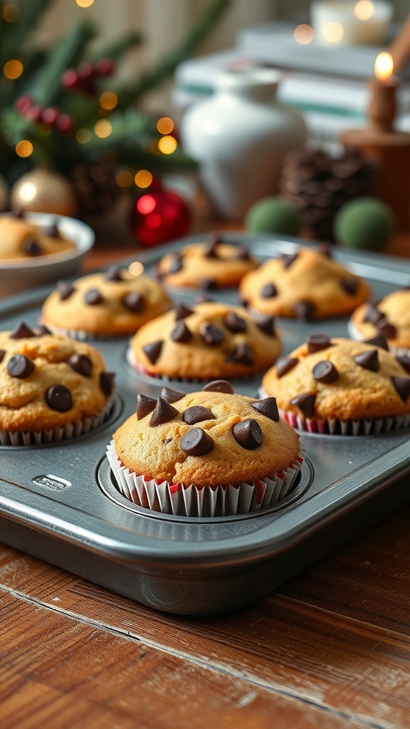 Freshly baked chocolate chip muffins in a muffin tin, decorated for Christmas.