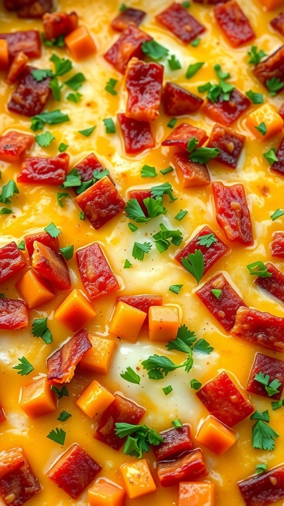 A close-up of a breakfast casserole topped with bacon, sausage, and cheese.