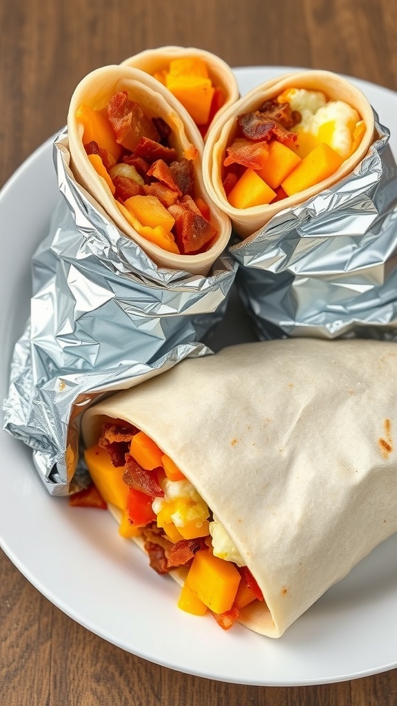 Three breakfast burritos filled with bacon and diced vegetables, wrapped in foil on a plate.