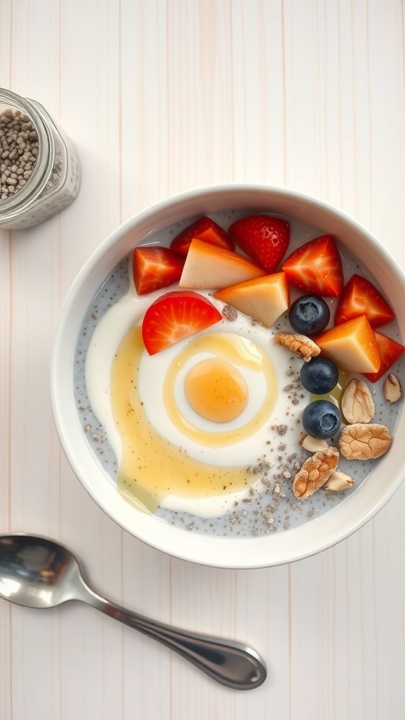 A bowl of chia seed pudding topped with fresh fruits and honey.