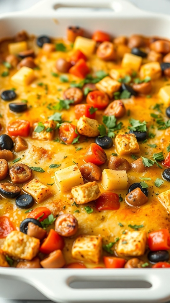 A delicious vegan breakfast casserole with colorful vegetables and tofu.
