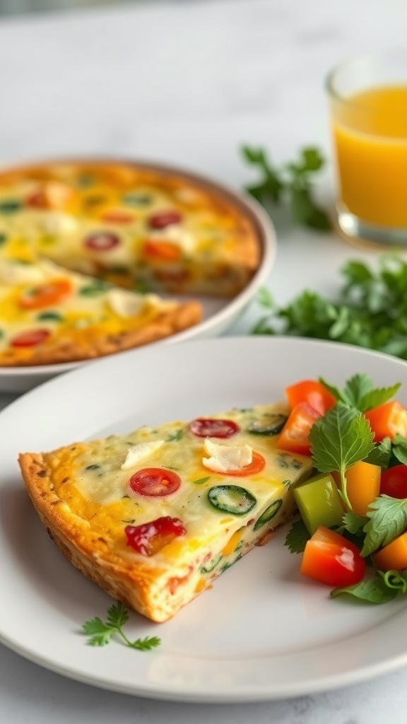 A slice of colorful frittata on a plate with a side of fresh vegetables.