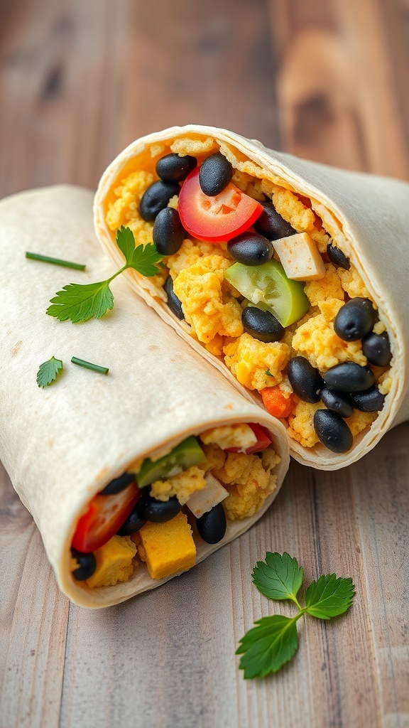A close-up of a vegan breakfast burrito filled with scrambled tofu, black beans, and fresh vegetables.