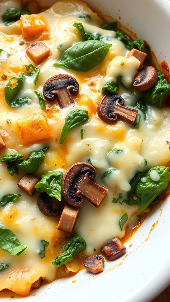A delicious spinach and mushroom breakfast casserole with melted cheese and fresh greens.
