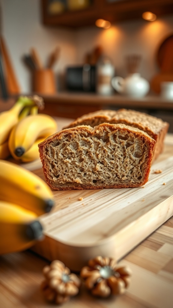 Freshly baked banana bread with bananas in the background.