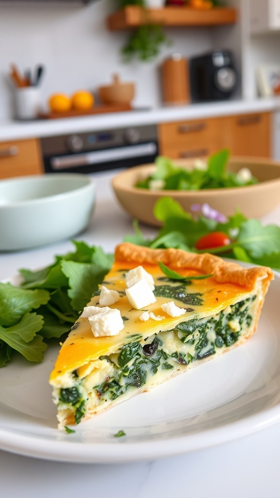 A slice of savory spinach and feta breakfast quiche on a plate with fresh greens in the background.