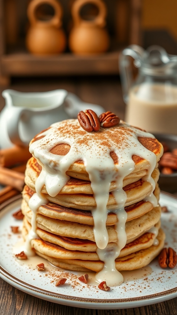 Stack of fluffy cinnamon roll pancakes topped with cream cheese frosting and pecans.