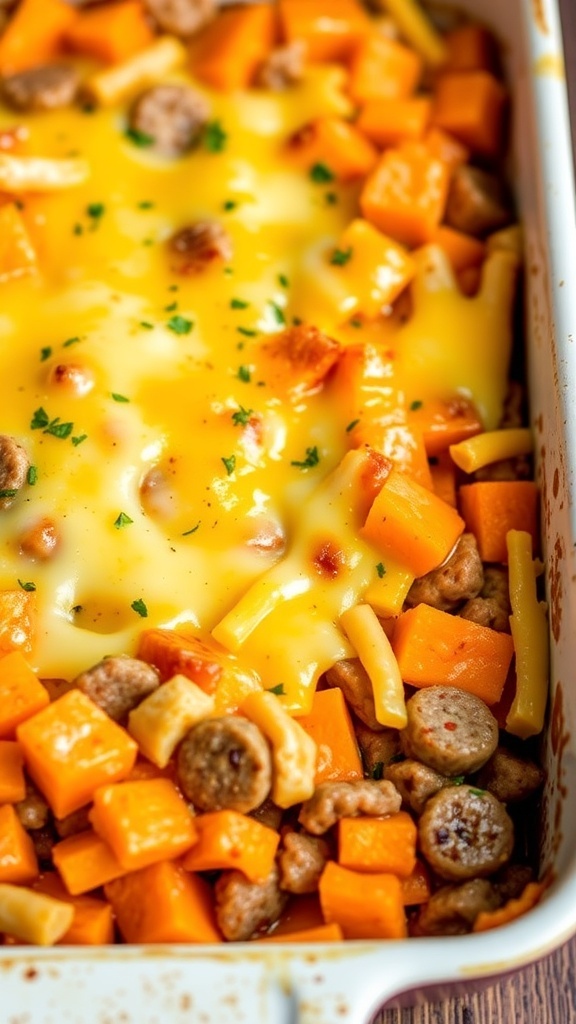 A close-up of a sweet potato and sausage breakfast casserole topped with melted cheese.