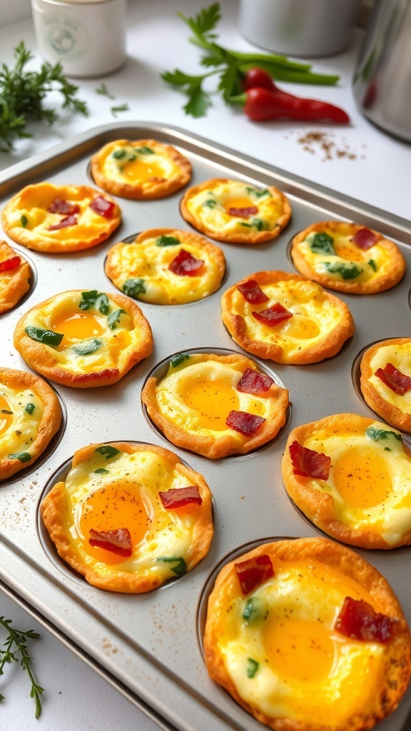 Savory egg muffins with various fillings in a muffin tin.