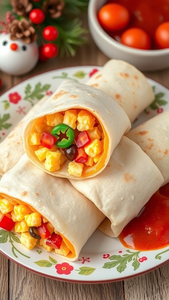 A plate of hearty breakfast burritos filled with scrambled eggs, red bell peppers, and black beans, served with salsa.