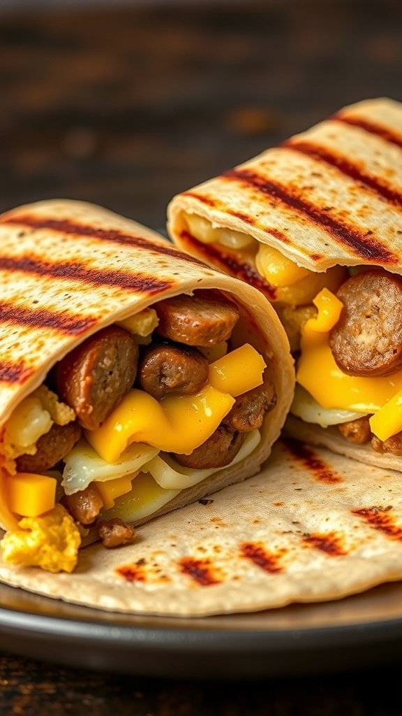 Grilled breakfast burrito with sausage, cheese, and vegetables