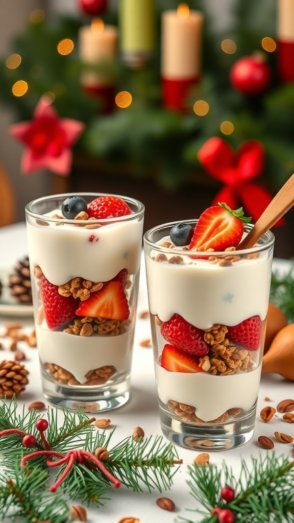Nutty fruit and yogurt parfaits with strawberries, blueberries, and granola, set against a festive Christmas background.