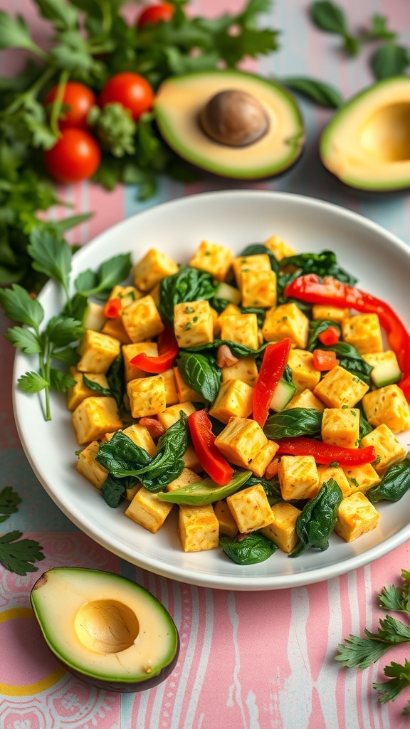 A vibrant vegan breakfast tofu scramble with colorful vegetables.