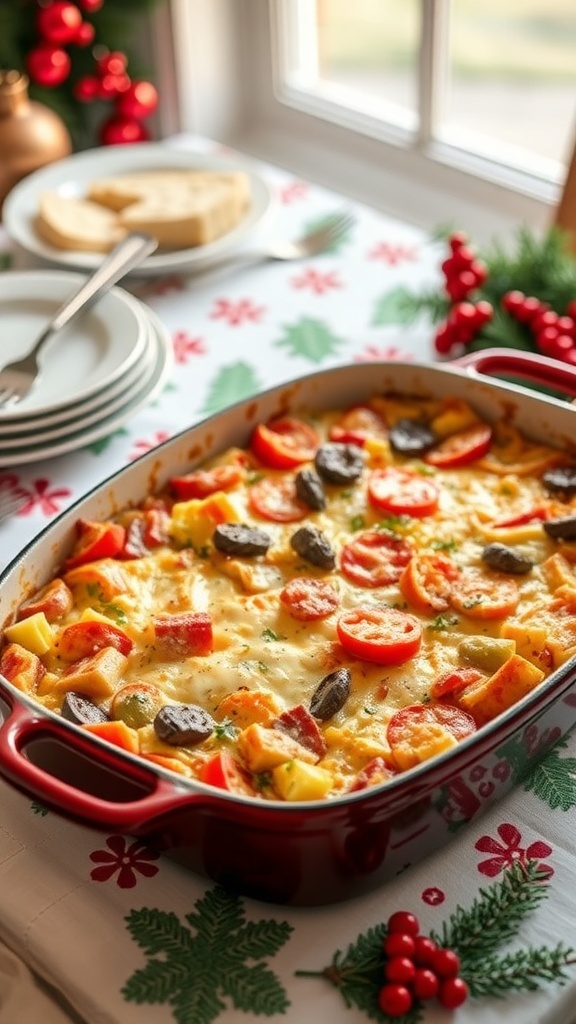 A colorful traditional breakfast strata with veggies, baked in a red dish, set on a festive table.
