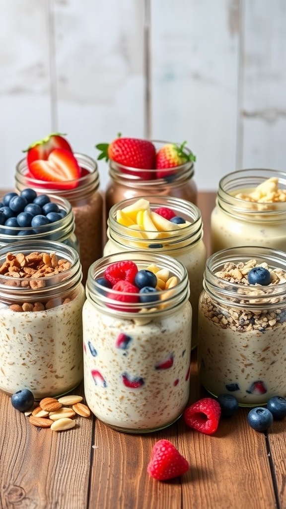 Various jars of overnight oats topped with fruits and nuts