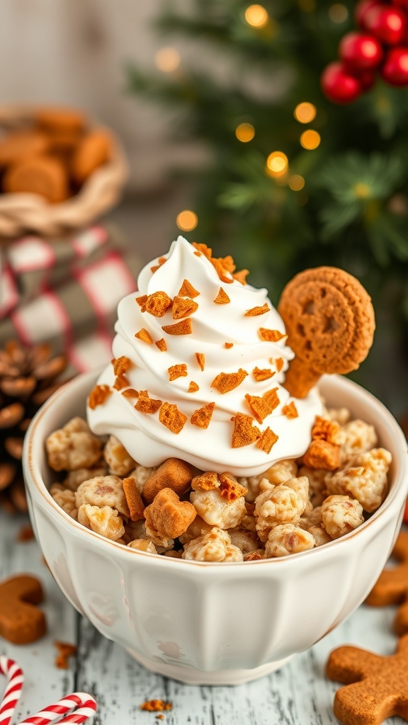 A bowl of gingerbread oatmeal topped with whipped cream and crushed gingerbread cookies, set against a festive background.