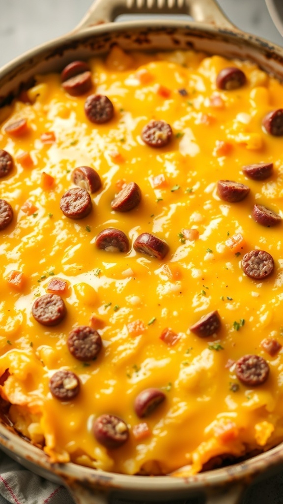 A cheesy breakfast casserole topped with sliced sausages.