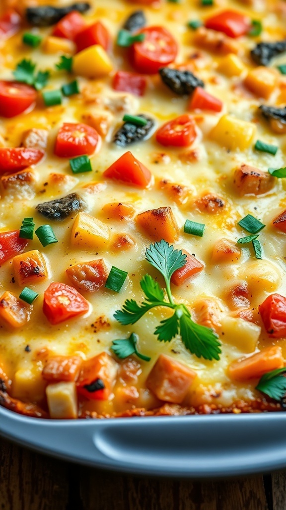 A delicious vegetarian breakfast casserole topped with tomatoes and herbs.