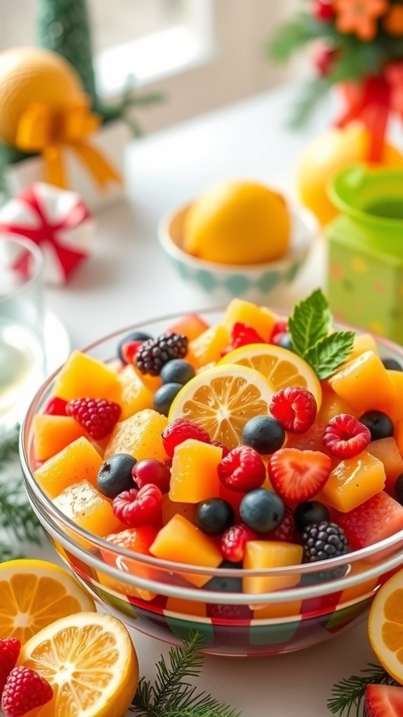 A colorful bowl of citrus and berry salad with lemon slices, strawberries, blueberries, raspberries, and blackberries.