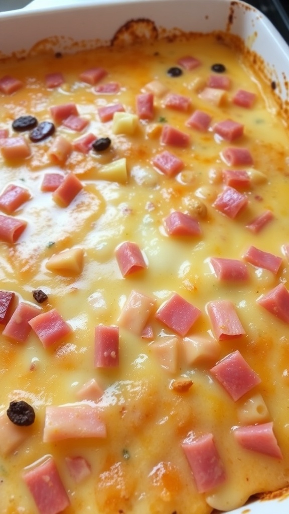 A close-up of a homestyle breakfast casserole with cheese and diced ham.