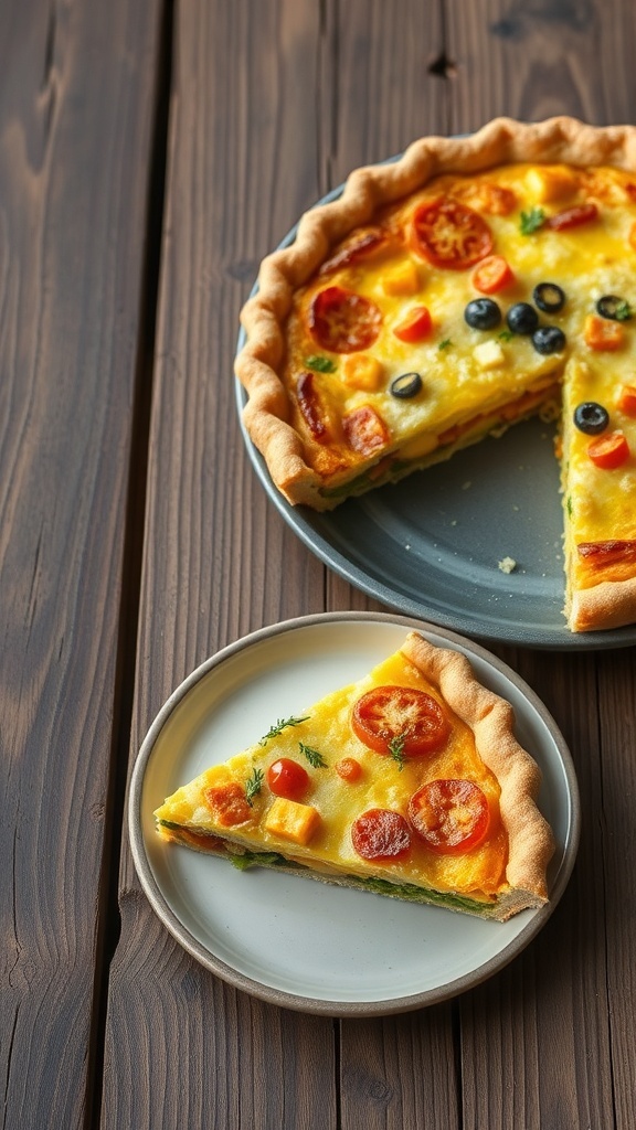 A delicious breakfast quiche with vegetables and cheese, served on a plate.