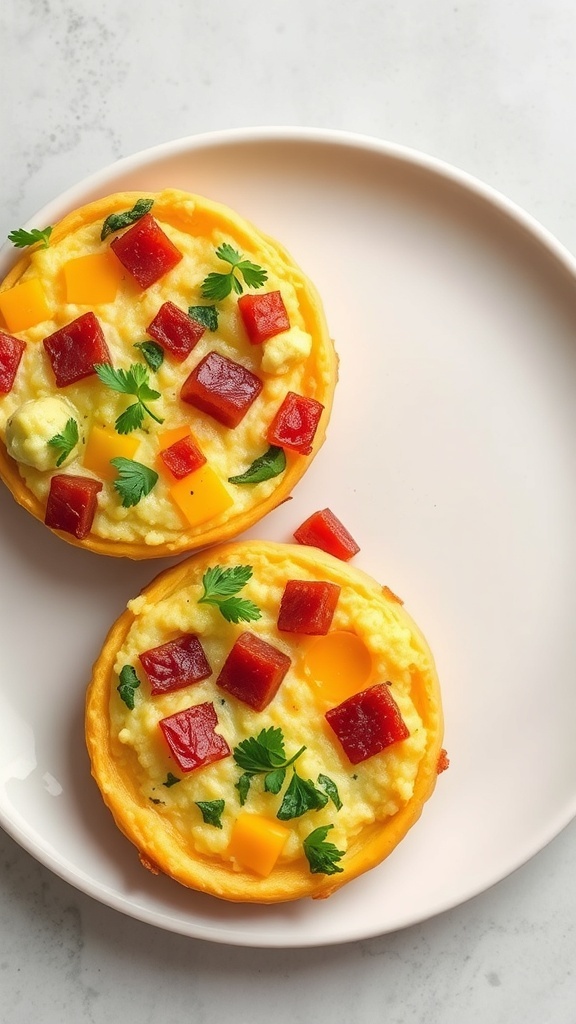 Two mini frittatas topped with bacon, cheese, and colorful veggies on a plate.