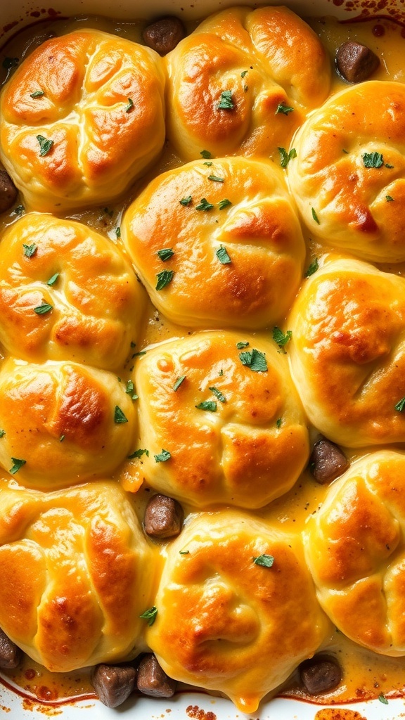 A close-up of a biscuit breakfast casserole with golden biscuits and melted cheese.