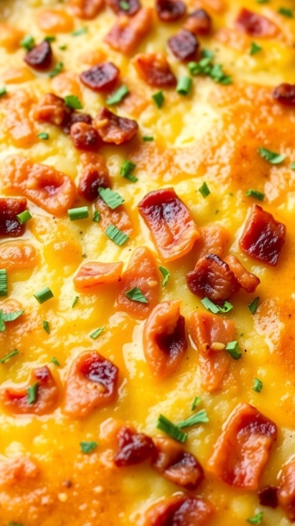 A close-up of a baked breakfast casserole topped with crispy bacon and fresh herbs.