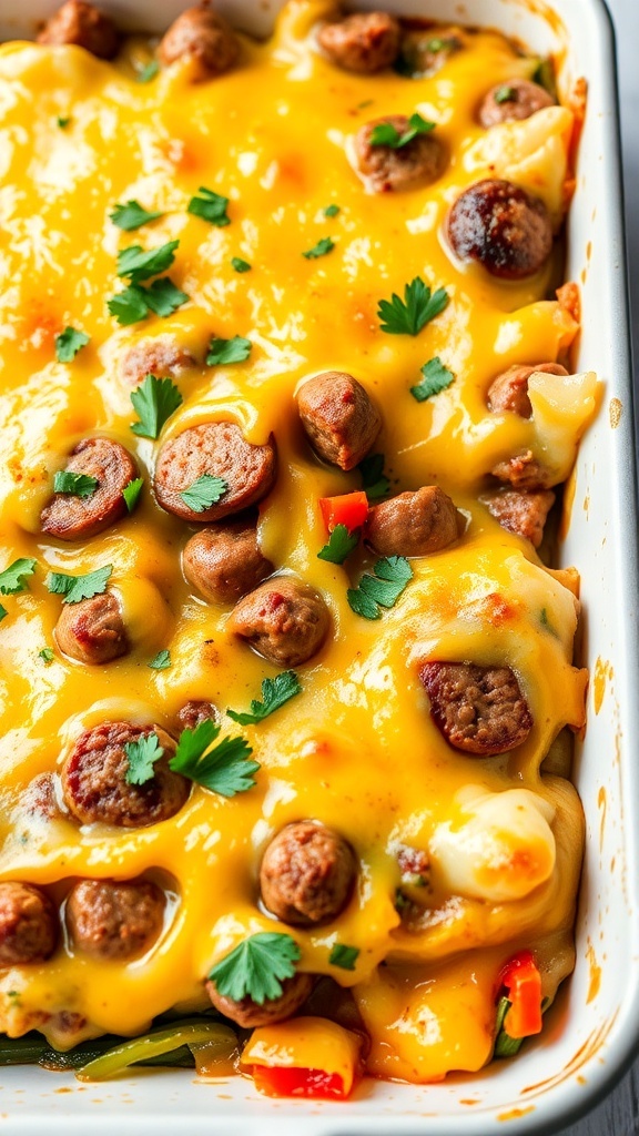 A delicious gluten-free breakfast casserole topped with cheese and herbs.