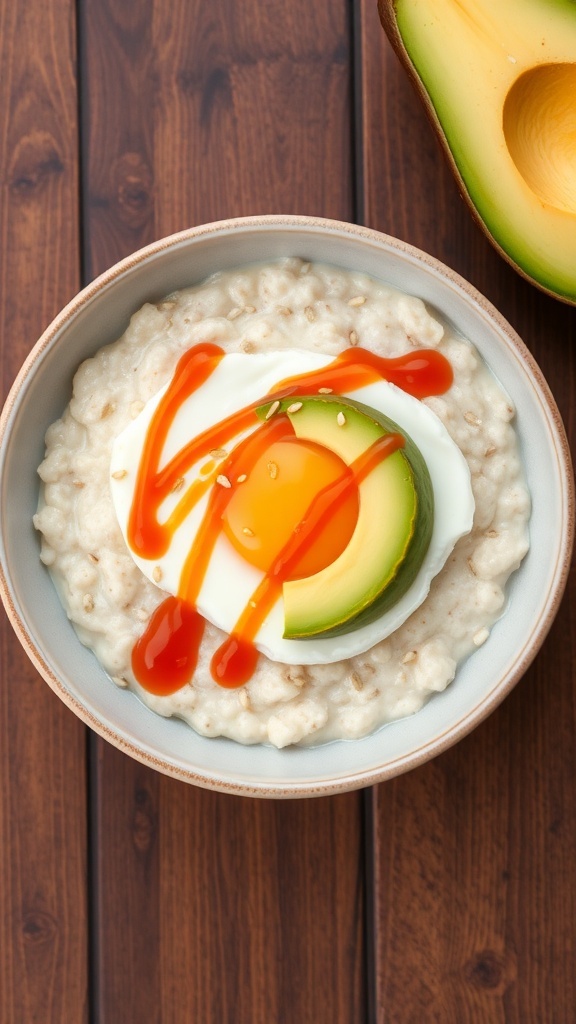 A bowl of overnight oats topped with an egg, avocado, and Sriracha sauce.