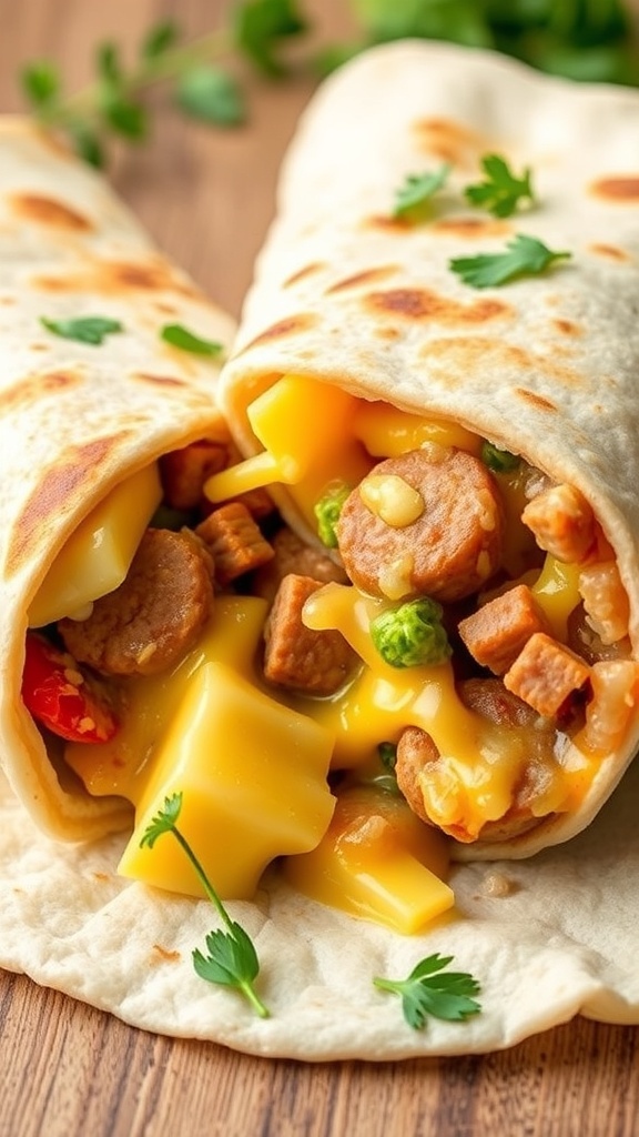 A close-up of a gluten-free breakfast burrito filled with cheese, sausage, and vegetables.