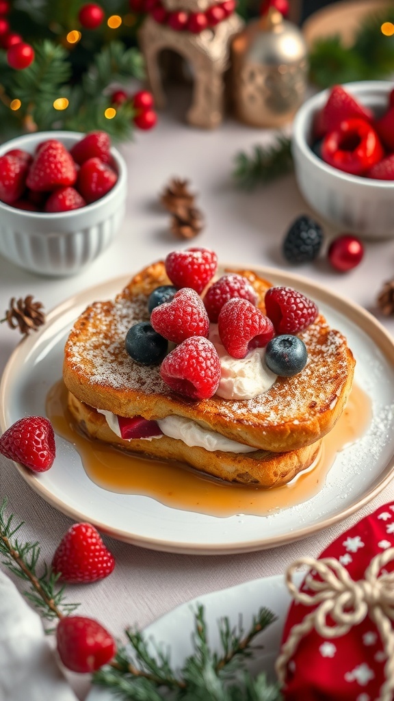 A plate of berry and cream cheese stuffed French toast topped with fresh raspberries and blueberries, surrounded by bowls of berries and Christmas decorations.