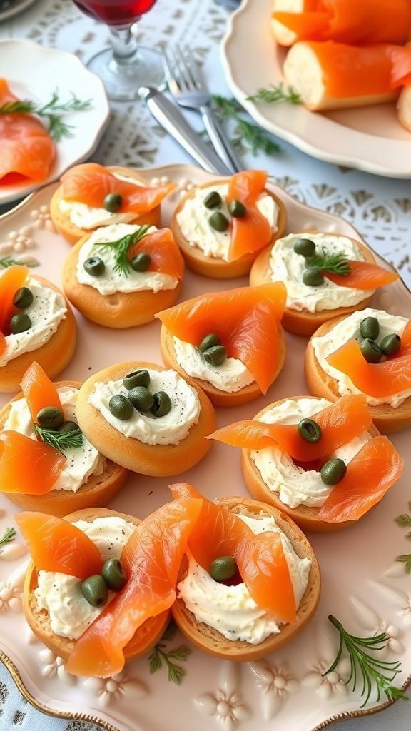 A plate of gourmet smoked salmon bagel bites topped with cream cheese, capers, and fresh dill.