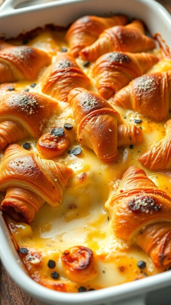 A delicious croissant breakfast casserole with melted cheese and baked croissants.