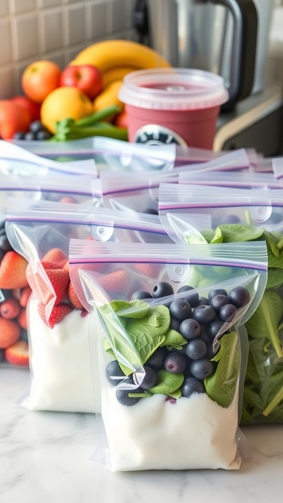 Smoothie packs with fruits and spinach ready for blending