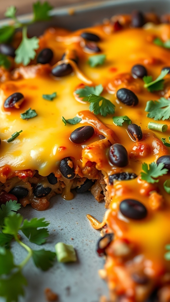 A delicious Mexican breakfast casserole topped with cheese and black beans, garnished with cilantro.