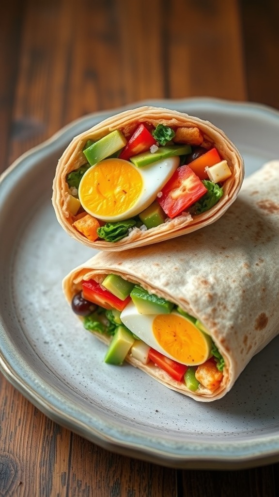 A delicious Paleo breakfast burrito filled with vegetables and a boiled egg, served on a plate.