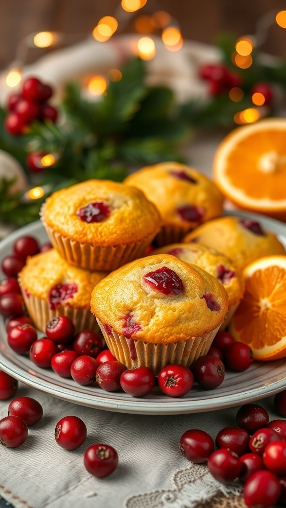 A plate of cranberry orange muffins surrounded by fresh cranberries and orange slices, with fairy lights in the background.