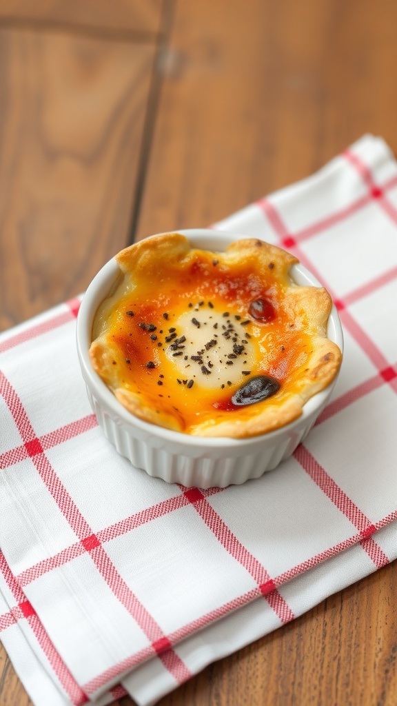 A delicious individual breakfast quiche in a white ramekin on a red and white checkered cloth.