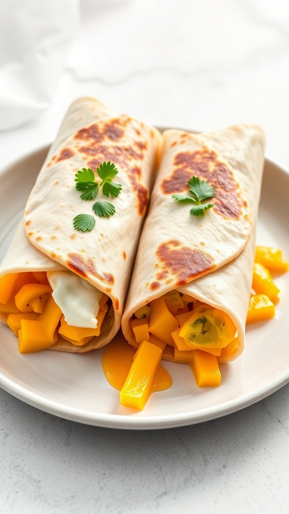 Two simple breakfast burritos filled with fresh ingredients on a plate.