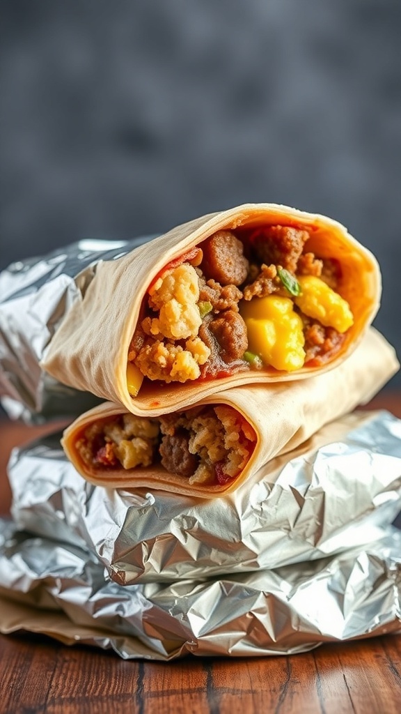 Two delicious breakfast burritos wrapped in foil, filled with sausage, eggs, and veggies.