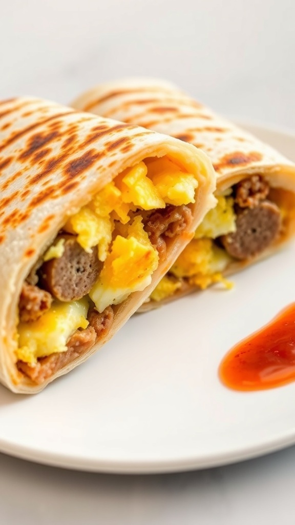 A classic breakfast burrito filled with scrambled eggs, sausage, and cheese, served with salsa on the side.