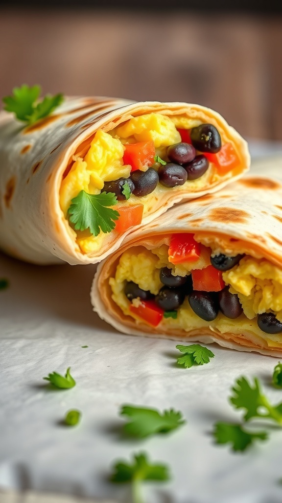 Vegetarian breakfast burrito with scrambled eggs, black beans, and diced tomatoes
