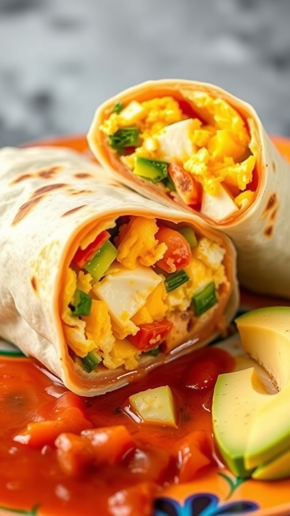 Hearty breakfast burritos filled with eggs, veggies, and cheese, served with salsa.