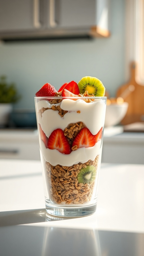 A glass of breakfast parfait with layers of yogurt, granola, and fresh strawberries and kiwi.