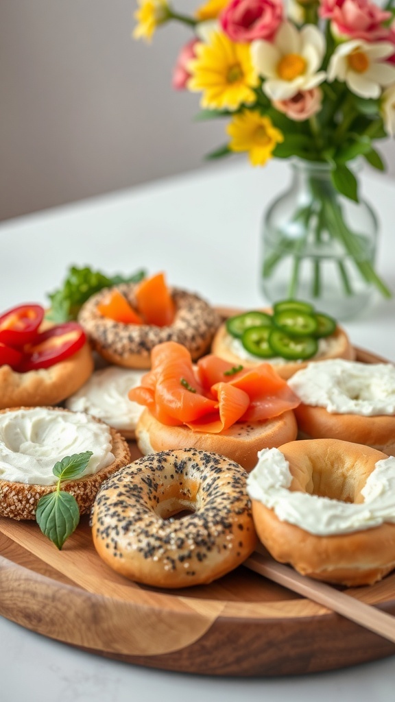 A variety of bagels topped with cream cheese, smoked salmon, and fresh vegetables on a wooden platter.