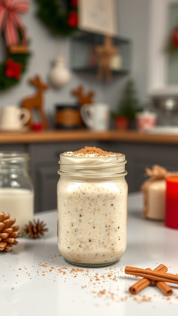A jar of Festive Eggnog Overnight Oats with holiday decorations in the background.