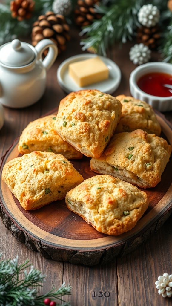 Savory cheddar and chive scones on a wooden platter with butter and jam