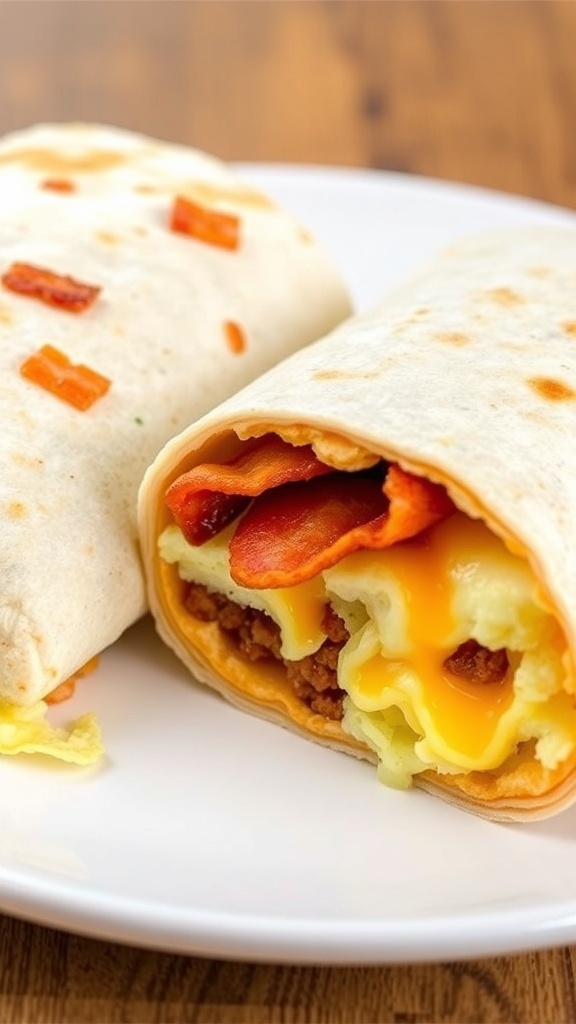A close-up of a keto breakfast burrito filled with eggs, bacon, and sausage.